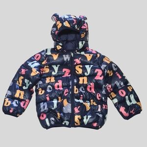 Teddy Ears Puff Jacket Girls Size 4T Navy Blue Hooded Winter Coat Rainbow Print